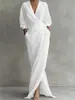 2026 Nuevo Vestido Largo Elegante de Color Sólido con Cuello en V, Manga Larga, Cintura Fruncida con Abertura y Bolsillo, Estilo Europeo y Americano, para Sitios Independientes de Amazon