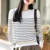 Suéter clássico de malha de algodão puro com gola redonda e listras para mulheres, suéter pullover casual outono/inverno em color block preto e branco, peça básica de manga longa.