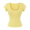Atacado Exportação Transfronteiriça Roupas Femininas Verão 2025 Estilo Europeu e Americano Gola U Manga Curta Ombro Direito Cor Lisa Camisetas Tops para Mulheres Z625255