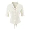 Camisa Jacquard Rayada Estilo Traje con Cuello y Mangas Medias, Nuevo Estilo de Verano, Ceñida a la Cintura, Lazo en la Espalda, Corte Delgado, Elegante