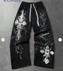 Pantalones casuales con estampado de patrón de cuadrícula American Gothic, pantalones rectos de pierna ancha con cordón de ajuste holgado para hombre, exclusivamente para ventas transfronterizas, talla 26