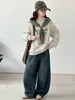 Conjunto de Sudadera Coreana para Niñas de Primavera y Otoño con Corbata Rayada, Top Estampado con Letras y Jeans de Pierna Ancha Conjunto de Dos Piezas para Niños Mayores