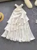 Vestido de Alça Longo com Babados de Alta Qualidade Francês Slim-fit Nicho Cintura Emagrecedor Elegante Vestido de Fada para Férias
