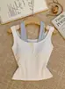 Camisola tipo dos piezas falsa con cuello halter para mujer, de doble capa con colores contrastantes, abotonada, corte ajustado, con copas incorporadas, adecuada para usar en capas o como prenda exterior, top de verano