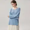 Suéter de tricô feminino fino, finamente trabalhado, de comprimento médio, com fenda lateral, caimento solto, gola V de cashmere, top emagrecedor