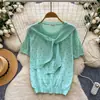 Blusa de Tricô com Laço Vazado e Bolinhas Estilo Coreano para Mulheres, Verão, Amiga da Pele, Respirável, Manga Curta, Decote V, Emagrecedora, Versátil, Jovem