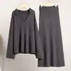 Conjunto de Punto Transfronterizo Moda de Invierno 2025 Europeo y Americano Estilo Simple Suéter de Punto con Cuello en V y Conjunto de Falda