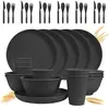 Amazon prato tigela prato de sopa copo de água faca garfo colher hashi talheres conjunto de presente para 6 pessoas palha de trigo espessa padrão vertical