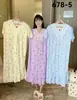 Pijama de Verão Feminino de Comércio Exterior, Tecido Amassado tipo Algodão, Estampa Floral Pequena, Decote em V, Renda, Doce e Fofo, Pode Ser Usado Fora, Camisola Macia