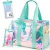 Bolsa de Gelatina Iridescente Transfronteiriça para Mulheres, Grande Capacidade, Impermeável, à Prova de Areia, Bolsa Tote Transparente com Zíper e Bolso para Celular