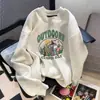 Design único, elegante moletom de gola redonda para mulheres, solto e moderno, top versátil, forrado com fleece e espesso para outono e inverno