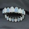 Moda Europea y Americana Zirconia Azul y Blanca Frenillos de Hip-Hop Frenillos Dentales Microincrustados Disfraz de Halloween Accesorios Dentales Personalizados de Hip-Hop