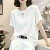 Camiseta blanca de algodón de bambú con cuello redondo para mujer, de manga corta, corte holgado, estilo coreano, algodón puro, adelgazante, moderna, talla grande, top con hombros normales para verano