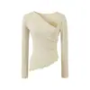 Conjunto de Estilo Ligeramente Maduro Parche de Encaje Asimétrico Cuello Manga Larga Camiseta Mujer Otoño Ajustado Ceñido a la Cadera Conjunto de Dos Piezas Chica Ardiente