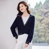 Suéter de Tricô para Mulheres 2026 Primavera e Outono Novo Estilo Estilo College Costurado Falso Duas Peças Manga Longa Top de Tricô