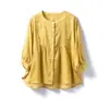 Blusa Casual Suelta Artística Estilo Japonés para Viajes, 42 hilos, Ramio Puro, Ligera, Transpirable, Cuello Redondo, Manga Tres Cuartos, para Mujer