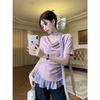 Camiseta de Manga Corta con Cuello Oscilante Estilo Deseo Puro para Mujer Verano Diseño Nicho Sentido Correa Falso Dos Piezas Chic Único Top Interior