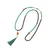 Colección de Cuentas de Sándalo Estilo Chino Tradicional, Cadena Cruzada Estilo Chino Nuevo, Collar Largo Vintage con Borla de Ágata Verde, Accesorio de Cadena para Suéter