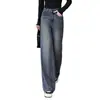 Jeans vintage largo feito sob medida para mulheres, cintura alta, com caimento fluido, design reto solto, comprimento até o chão, emagrecedor e versátil