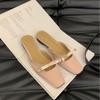 Zapatillas de Mitad de Zapato Cuadrado de Satén Francés con Lazo para Mujer, Zapatos Planos de Tacón Bajo