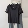 Camiseta Feminina Plus Size de Manga Curta com Gola U Franzida, Corte Justo, Novo Estilo Coreano de Verão, Top Doce e Simples Tendência