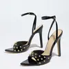 Sandalias Boca de Pez, Remaches, Tacones Altos, Zapatos de Mujer con Punta Abierta, Nuevos Zapatos de Verano 2025 de Una Sola Correa, Zapatos Elegantes y de Moda