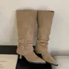 Botas de tacón alto y bajo apiladas con punta fina y plisado de flock para mujer 2026 Otoño/Invierno nuevas botas largas de tacón fino desmontables de dos usos botas cortas de tacón alto