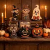 Decorações de bandeja de mesa de madeira estilo retrô americano para Halloween com fantasmas, gatos pretos, abóboras e corujas para displays de casa e janela