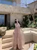 Vestido de foto rosa súper de cuento de hadas, estilo vacacional, vestido largo etéreo con cuello halter, entallado en la cintura, ajustado, vestido largo que realza la figura