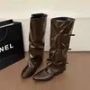 Botas longas com fivela estilosa e única, botas femininas de salto alto bico fino para primavera e outono, botas femininas, botas de montaria retrô