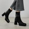 Botas finas de salto super alto femininas com fivela de cinto 2024, salto grosso de inverno, couro de vaca, camurça, costura, cabeça quadrada, botas elásticas