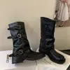 Botas de Cavaleiro de Meia-Canela Femininas 2026 Outono/Inverno Novo Estilo Britânico Retrô Salto Grosso que Aumenta a Altura Dobradas Empilhadas para Calça de Montaria