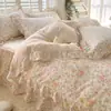 Estilo Princesa Coreana Faldón de Cama Juego de Cama de Algodón Puro de Cuatro Piezas Ropa de Cama 100% Algodón Funda Nórdica Floral Sábana Juego de Tres Piezas