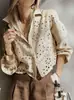 Camisa corta bordada hueca transfronteriza para mujer, cárdigan de vacaciones estilo campo francés, camisa transpirable de manga tres cuartos abullonada