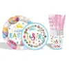 Platos de Papel Temáticos de Huevos de Pascua Vasos Desechables de Papel Servilletas de Papel Mantel Platos para Cena de Fiesta Festiva Vajilla de Conejo Decoración