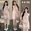 Vestido corto para mujeres embarazadas petite, estilo de verano delgado [Sueño Rosa Burbuja] Vestido de encaje Tencel con cuello de muñeca, femenino