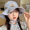 Bonito Oso a Cuadros Sombrero de Pescador para Mujer Verano Ala Ancha Sombrilla y Sombrero Protector Solar Estilo Coreano Mostrar Cara Cara Pequeño Sombrero de Sol