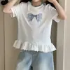 Camiseta de Verano para Niña de Manga Corta, Ropa Elegante para Bebé, Top Único y Moderno Estilo Coreano con Adorno de Encaje y Bordado de Lazo para Niños