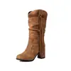 Botas con flecos estilo europeo y americano, punta redonda, tacón grueso, botas de media pantorrilla para mujer, modelo de otoño e invierno, comercio exterior transfronterizo, talla grande A02