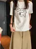 Moderna Camiseta Blanca de Manga Corta para Mujer con Estampado de Caballitos, Hombro Normal, Algodón Puro, Capa Base de Verano Casual, Camiseta Interior de Algodón Puro