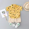 Conjunto de Verão em Algodão para Bebê Menino 0-3 Anos, Camisa Henley de Manga Curta com Estampa de Dinossauro + Shorts, Em Estoque
