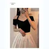 Camiseta Corta Sexy de Manga Corta Hombros Descubiertos Estilo Deseo Puro Chica Picante para Mujer, Nueva Camiseta Básica Ajustada de Verano con Cuello Halter Top de Moda