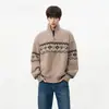 Suéter cardigan de tricô estilo étnico Fair Isle para homens e mulheres, jaqueta casual de outono com zíper e gola alta, top versátil