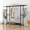 Perchero de pie telescópico de doble capa para ropa, perchero para dormitorio interior, estante de hierro con ruedas, estante de exhibición móvil