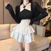 Falda corta de verano y otoño, falda acampanada, estilo inspirado en el ballet, falda de cintura alta, falda midi, falda corta de gasa en blanco y negro, falda acampanada