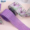 Cinta a Cuadros Mariposa Morada con Borde de Alambre, Moño de Lino Artificial, Corona, Empaque de Caja de Regalo, Cinta Decorativa