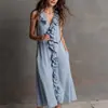 Novo Vestido Feminino de Verão 2026 Elegante Sem Mangas Cor Sólida Decote V Bainha com Babados Longo