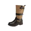 Botas Femininas Color Block Retro Melanoides 2026 Novas Versáteis Salto Bloco Afinando Botas de Cavaleiro Botas Curtas Botas Empilhadas