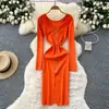 Vestido Slim de Manga Longa com Decote em V e Zíper, Design Elegante da Moda Estilo Coreano, Vestido Suéter com Fenda na Cintura Feminino Outono