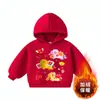 Moletom Festivo Vermelho de Ano Novo para Meninos e Meninas no Ano do Cavalo, Blusa Cartoon Outono e Inverno com Lã, Blusa Fofa e Fashion para o Ano Novo